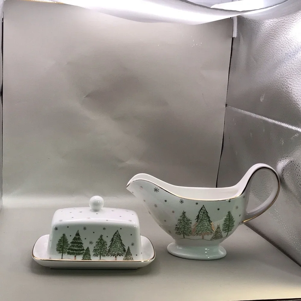Grace Teaware Porcelain Butter Dish And Gravy Boat Trees And Snow And Gold Trim - Picture 3 of 16